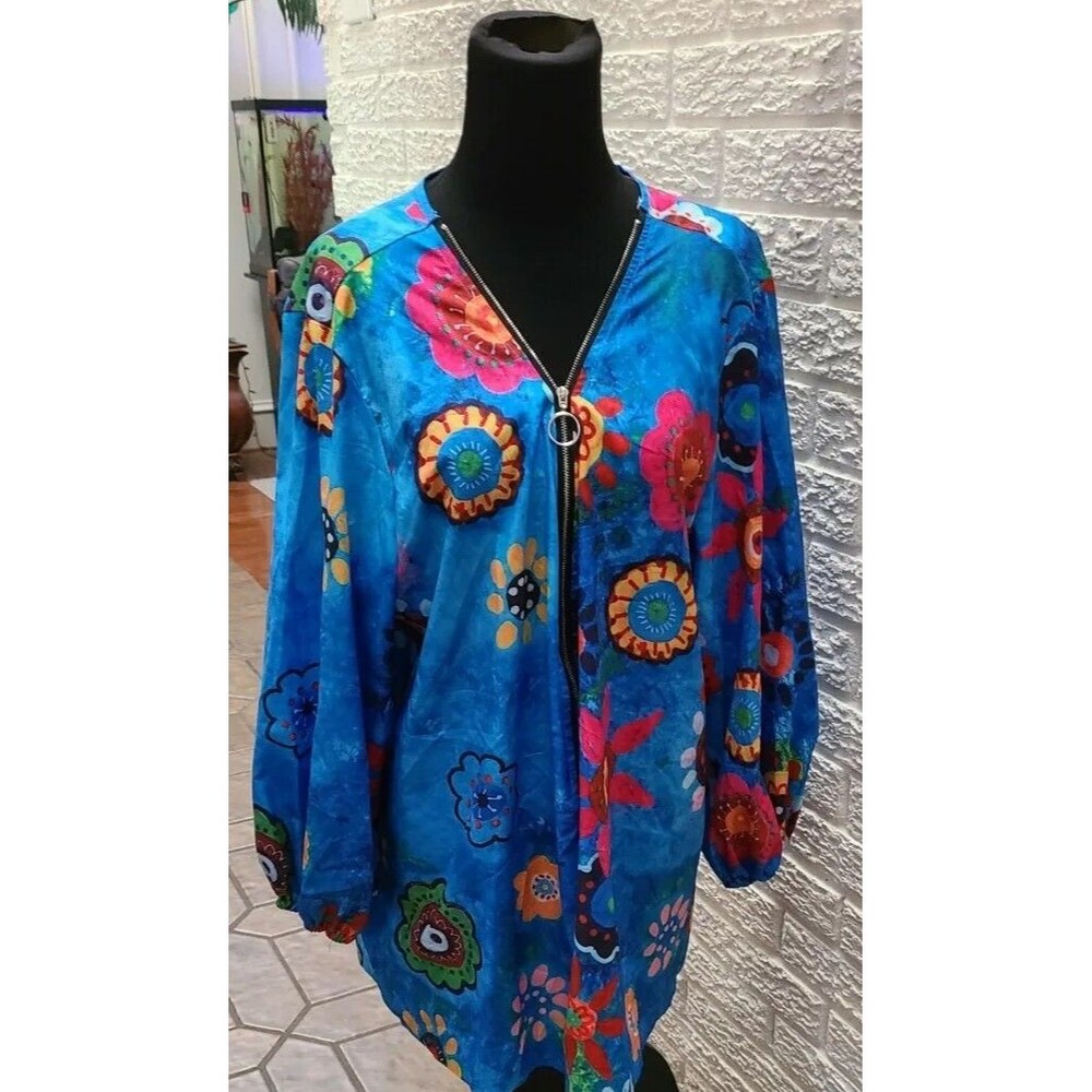 Miss Look blue Yellow Pink L sleeves v neck stretch plus top 2XL zipper front